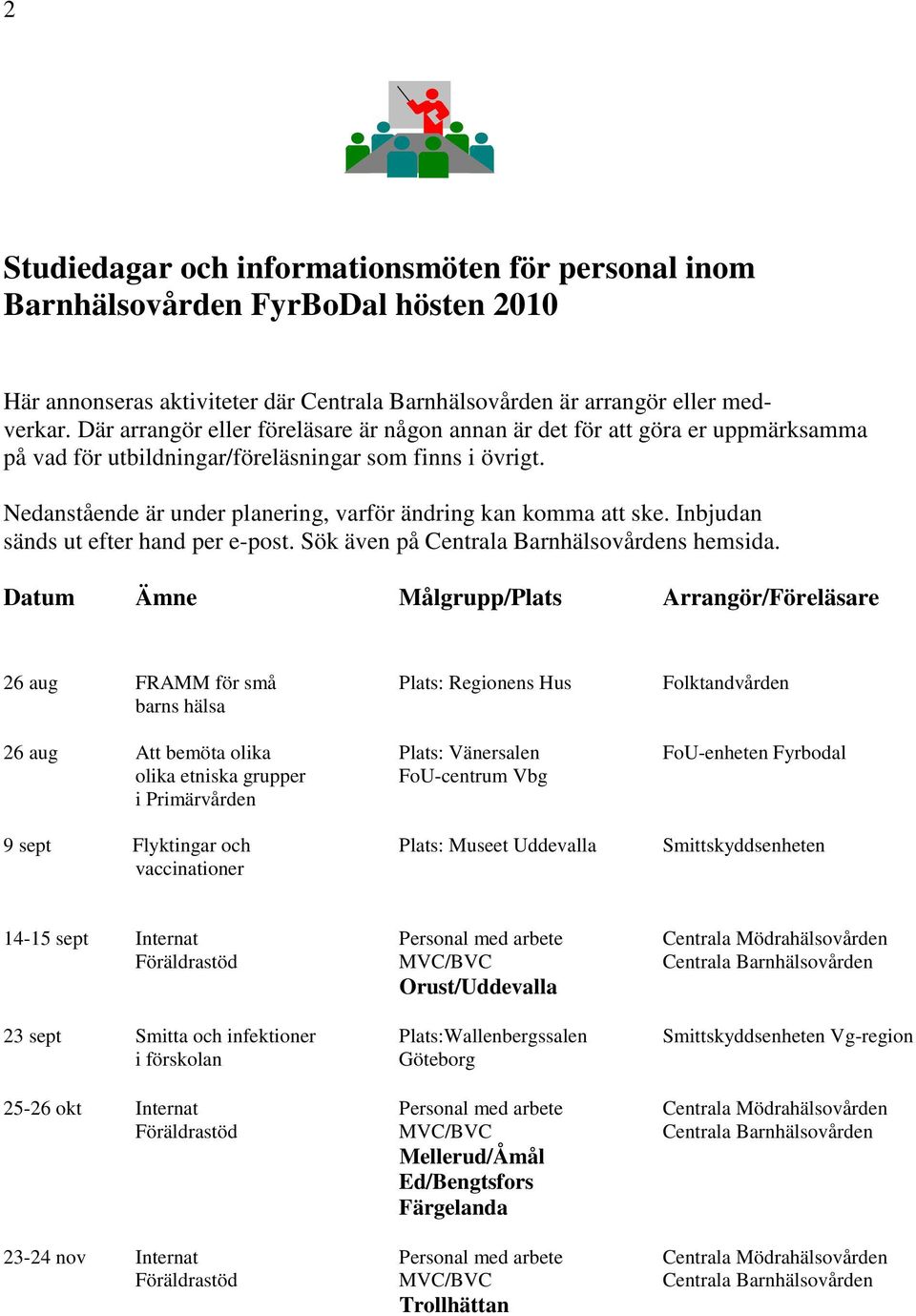 Nedanstående är under planering, varför ändring kan komma att ske. Inbjudan sänds ut efter hand per e-post. Sök även på Centrala Barnhälsovårdens hemsida.