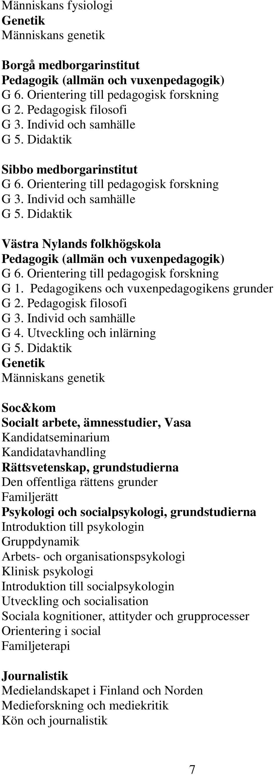 Didaktik Västra Nylands folkhögskola Pedagogik (allmän och vuxenpedagogik) G 6. Orientering till pedagogisk forskning G 1. Pedagogikens och vuxenpedagogikens grunder G 2. Pedagogisk filosofi G 3.