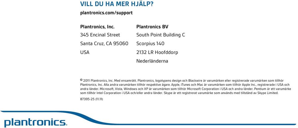 Plantronics, logotypens design och Blackwire är varumärken eller registrerade varumärken som tillhör Plantronics, Inc. Alla andra varumärken tillhör respektive ägare.