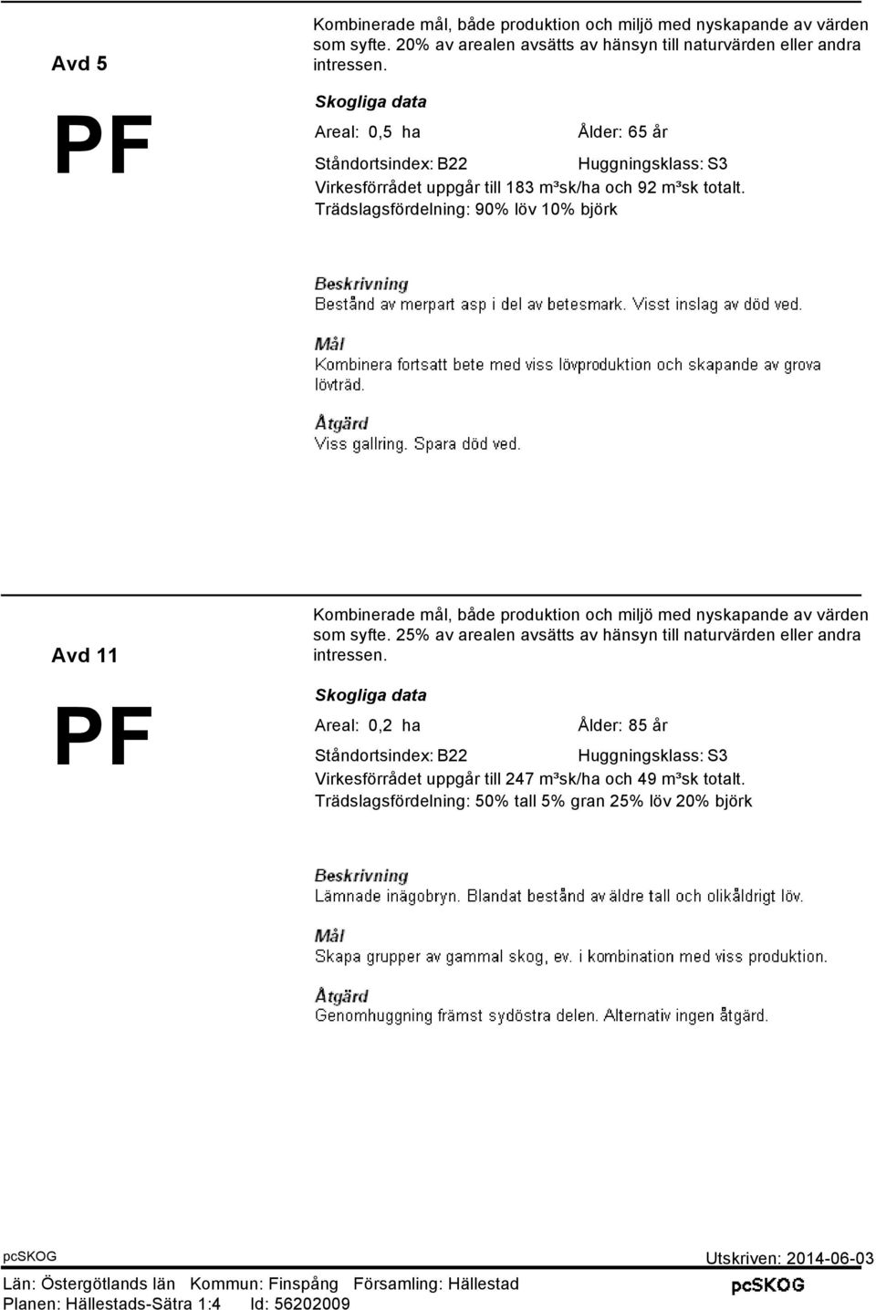 Trädslagsfördelning: 90% löv 10% björk Avd 11 PF Kombinerade mål, både produktion och miljö med nyskapande av värden som syfte.