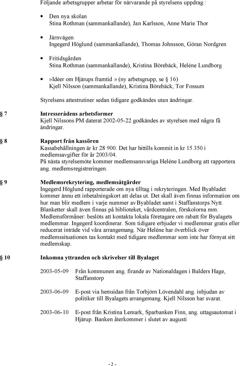 Börebäck, Tor Fossum Styrelsens attestrutiner sedan tidigare godkändes utan ändringar. 7 Intresserådens arbetsformer Kjell Nilssons PM daterat 2002-05-22 godkändes av styrelsen med några få ändringar.