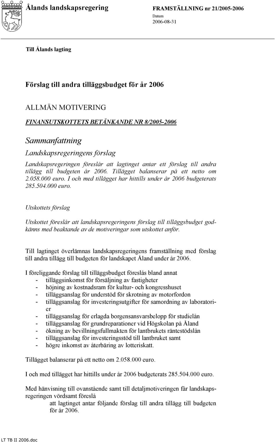 I och med tillägget har hittills under år 2006 budgeterats 285.504.000 euro.