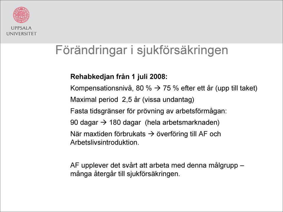 arbetsförmågan: 90 dagar 180 dagar (hela arbetsmarknaden) När maxtiden förbrukats överföring till AF