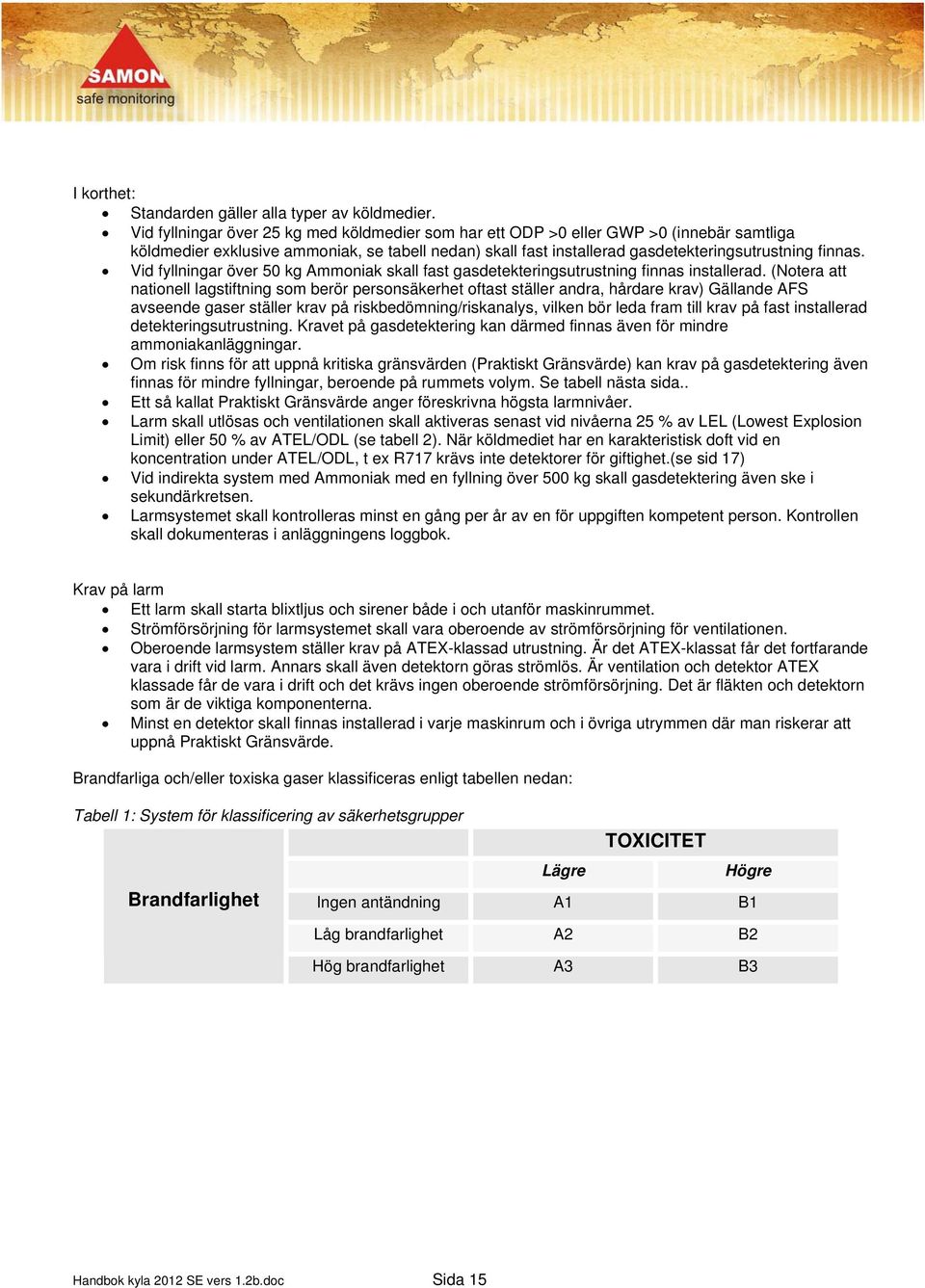 Vid fyllningar över 50 kg Ammoniak skall fast gasdetekteringsutrustning finnas installerad.