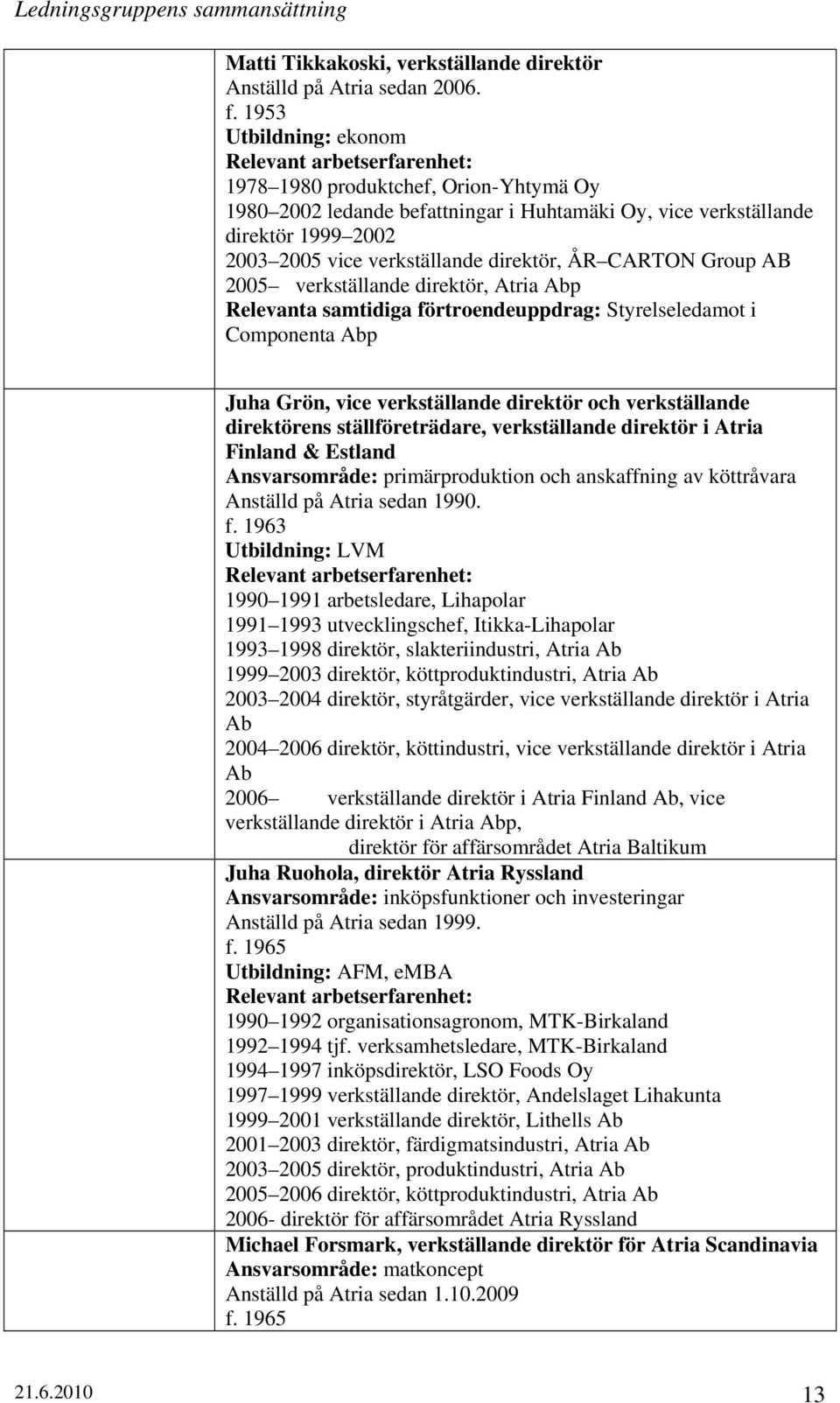 verkställande direktör, ÅR CARTON Group AB 2005 verkställande direktör, Atria Abp Relevanta samtidiga förtroendeuppdrag: Styrelseledamot i Componenta Abp Juha Grön, vice verkställande direktör och