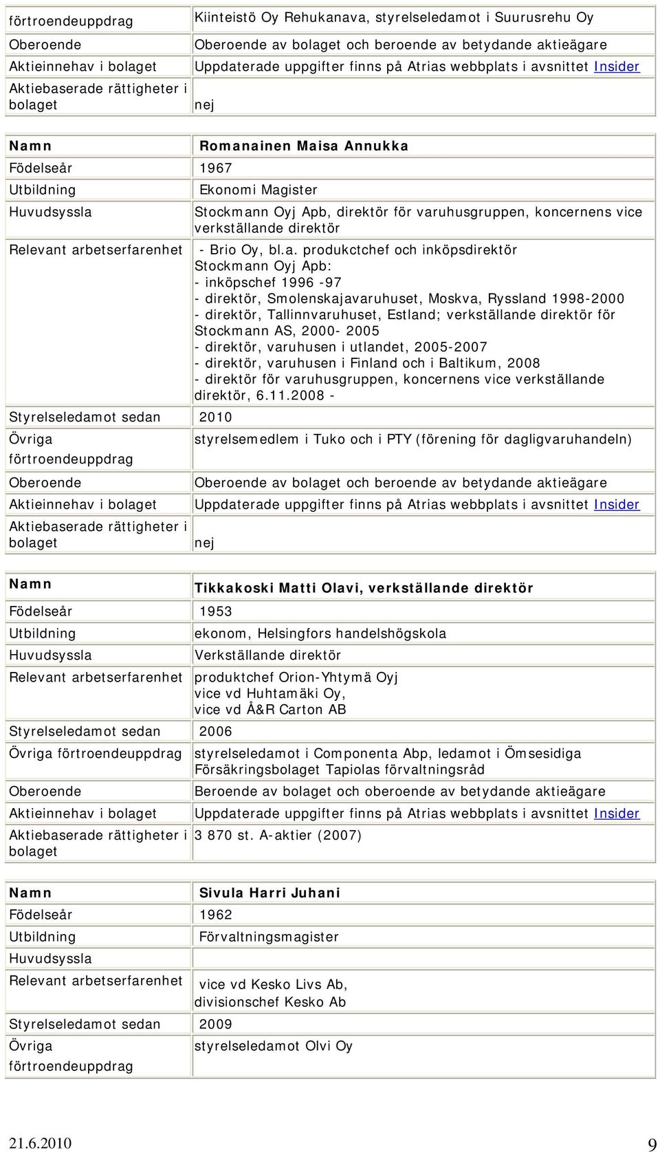 varuhusgruppen, koncernens vice verkställande direktör Relevant arbetserfarenhet - Brio Oy, bl.a. produkctchef och inköpsdirektör Stockmann Oyj Apb: - inköpschef 1996-97 - direktör,