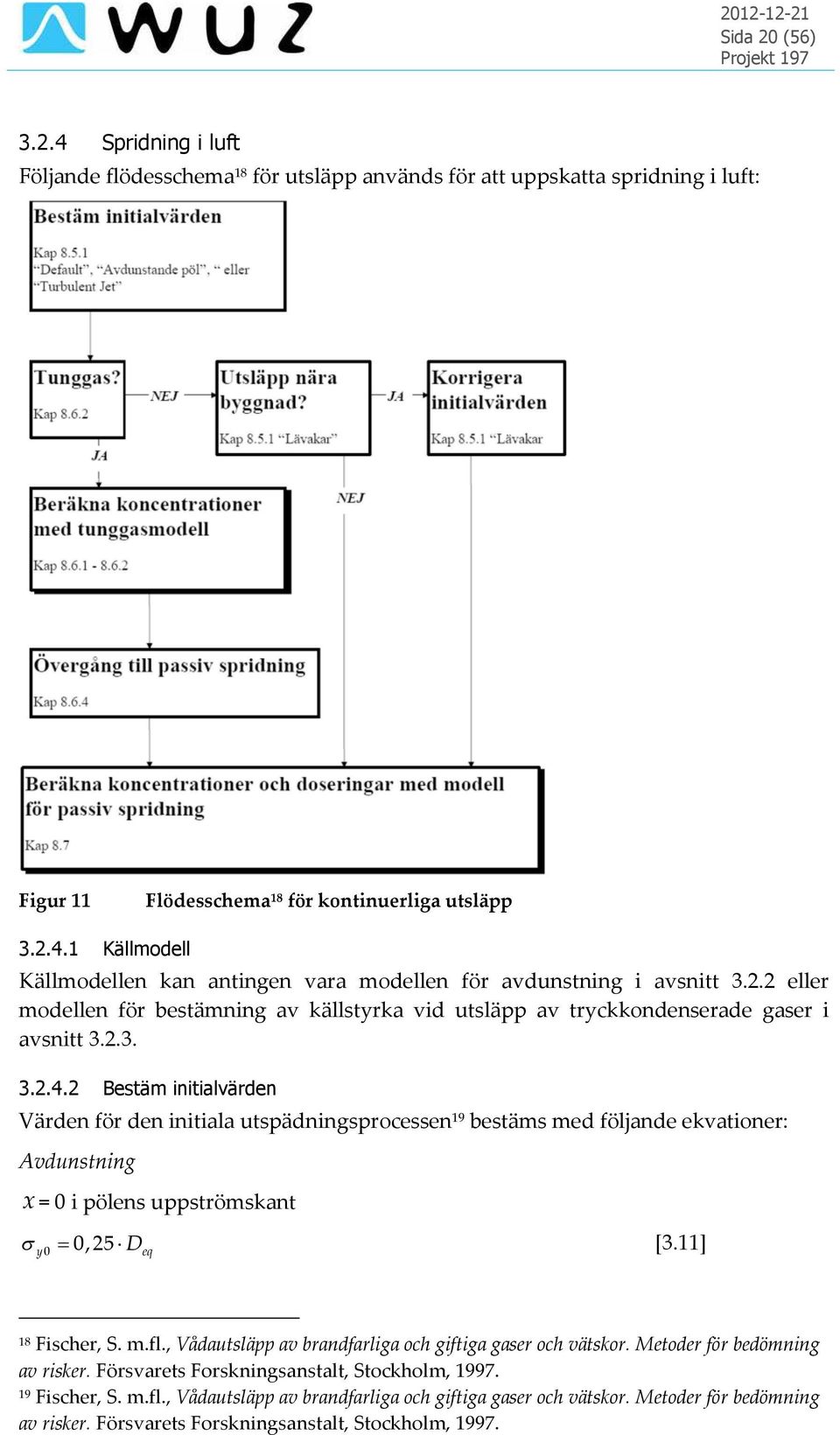 2 Bestäm initialvärden Värden för den initiala utspädningsprocessen 19 bestäms med följande ekvationer: Avdunstning x = 0 i pölens uppströmskant y0 0,25 D [3.11] eq 18 Fischer, S. m.fl.