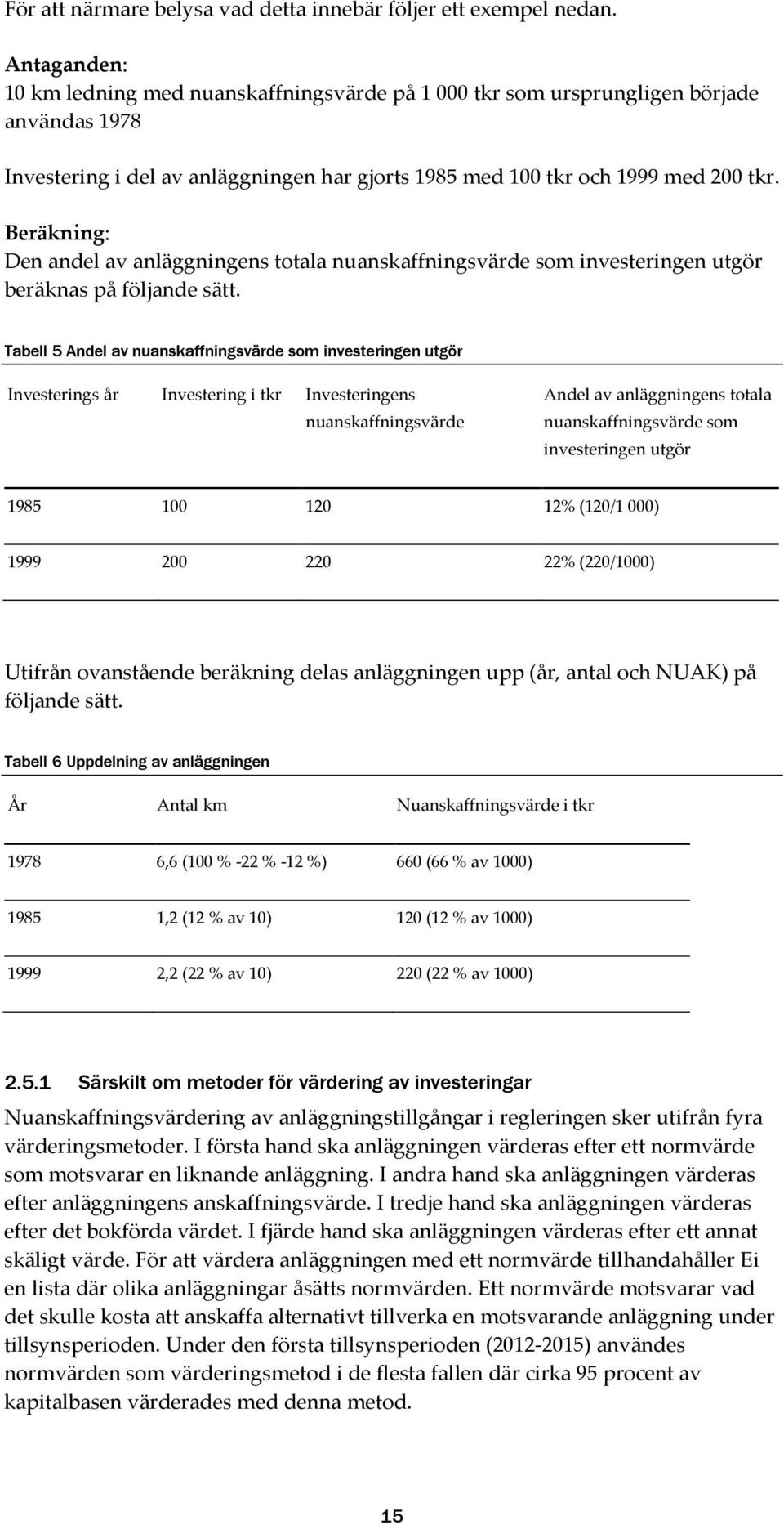 Beräkning: Den andel av anläggningens totala nuanskaffningsvärde som investeringen utgör beräknas på följande sätt.