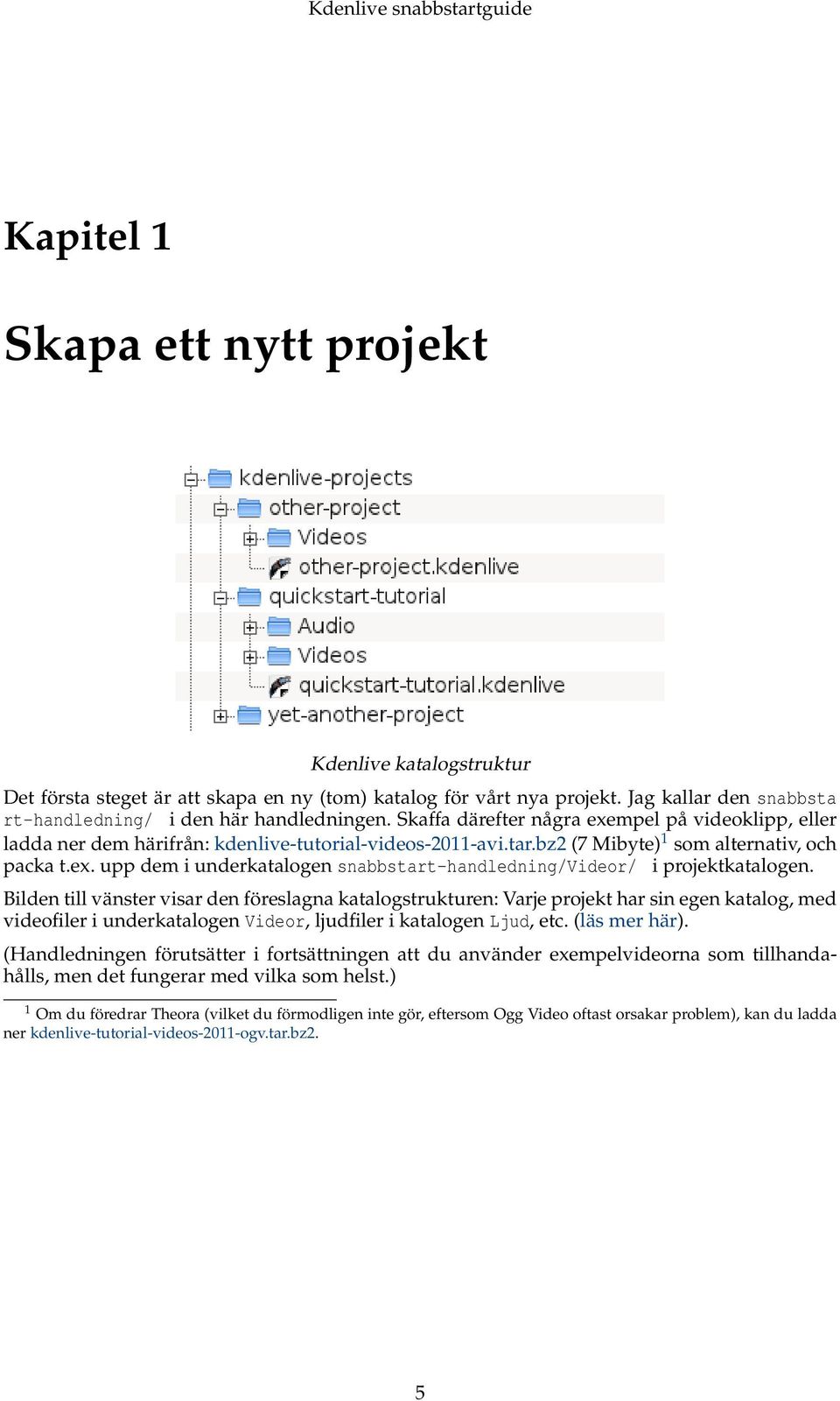 Bilden till vänster visar den föreslagna katalogstrukturen: Varje projekt har sin egen katalog, med videofiler i underkatalogen Videor, ljudfiler i katalogen Ljud, etc. (läs mer här).