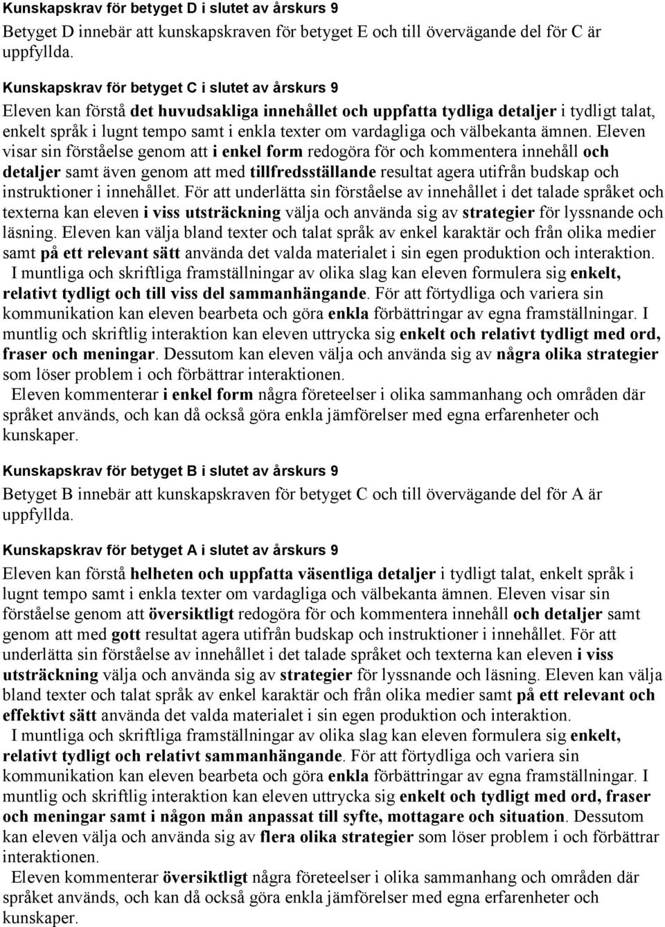 Eleven visar sin förståelse genom att i enkel form redogöra för och kommentera innehåll och detaljer samt även genom att med tillfredsställande resultat agera utifrån budskap och instruktioner i