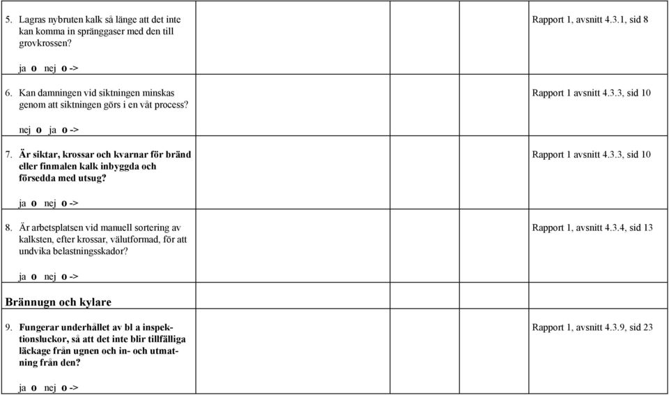 Är siktar, krossar och kvarnar för bränd eller finmalen kalk inbyggda och försedda med utsug? Rapport 1 avsnitt 4.3.3, sid 10 8.