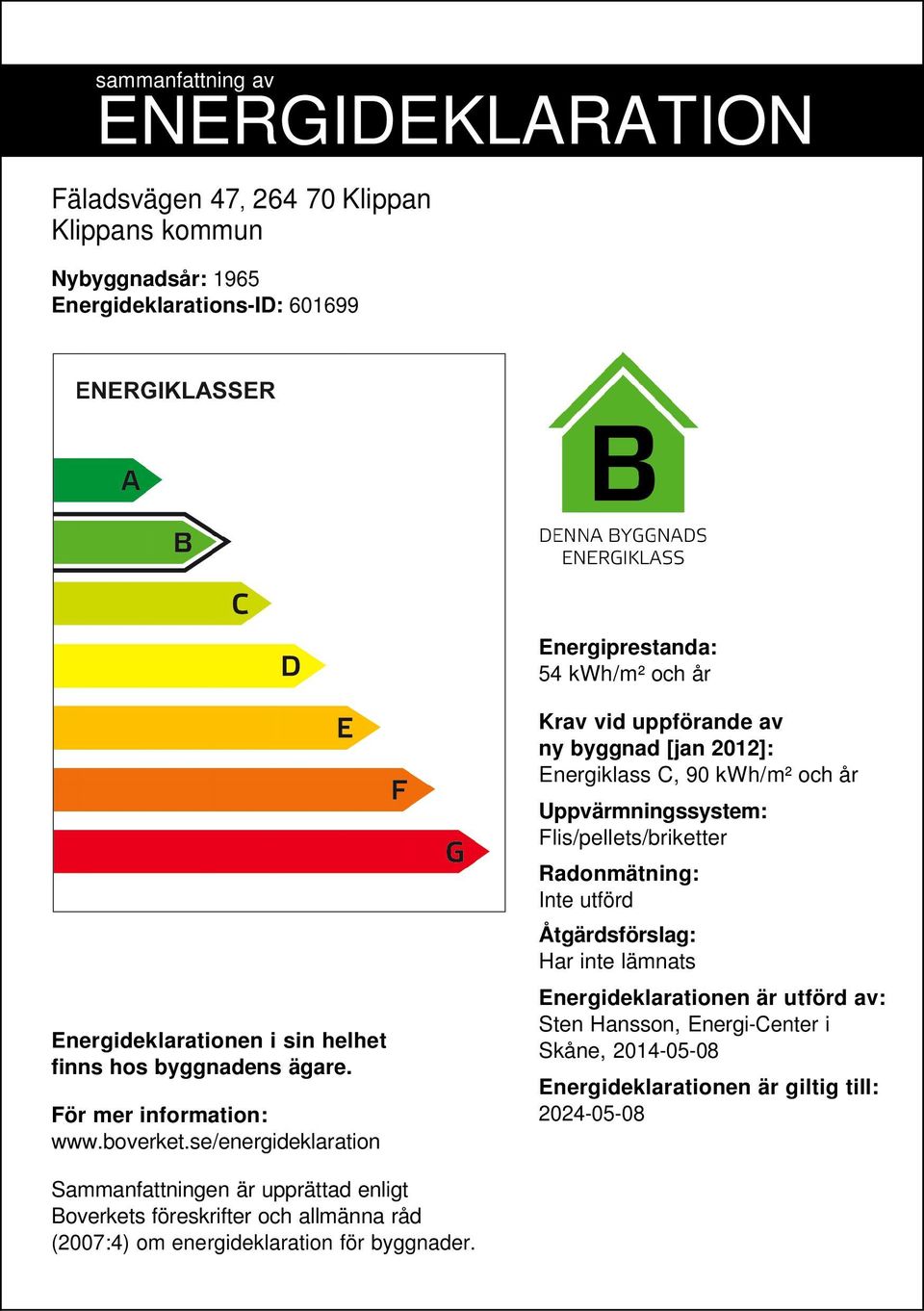 se/energideklaration Krav vid uppförande av ny byggnad [jan 2012]: Energiklass C, 90 /m² och år Uppvärmningssystem: Flis/pellets/briketter Radonmätning: Inte utförd