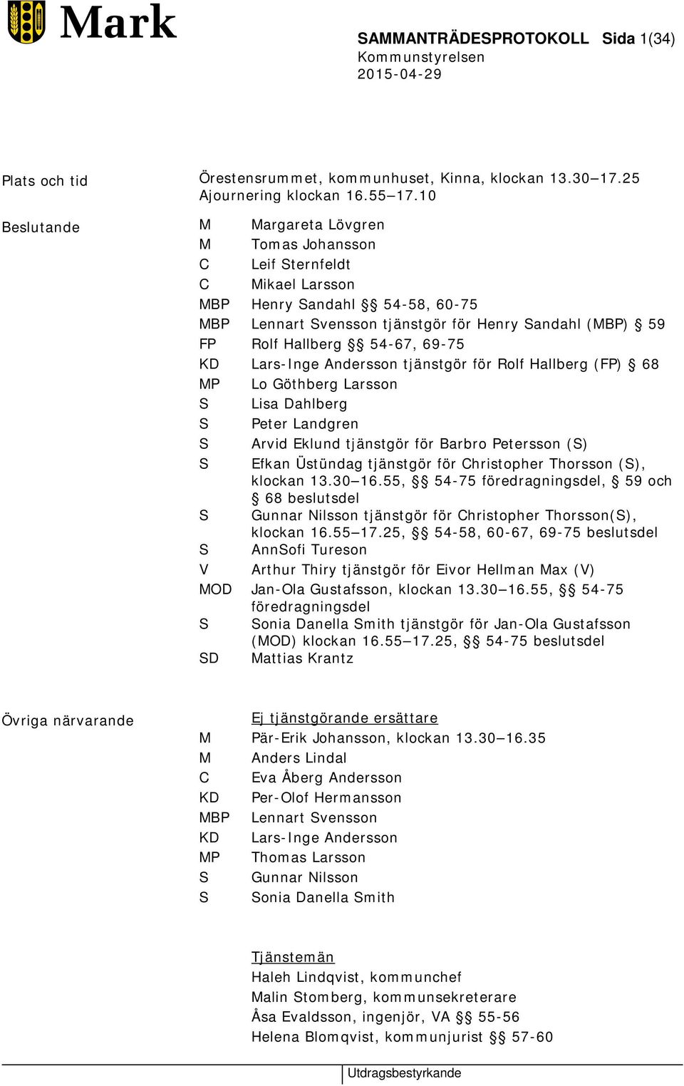 69-75 KD Lars-Inge Andersson tjänstgör för Rolf Hallberg (FP) 68 MP Lo Göthberg Larsson S Lisa Dahlberg S Peter Landgren S Arvid Eklund tjänstgör för Barbro Petersson (S) S Efkan Üstündag tjänstgör