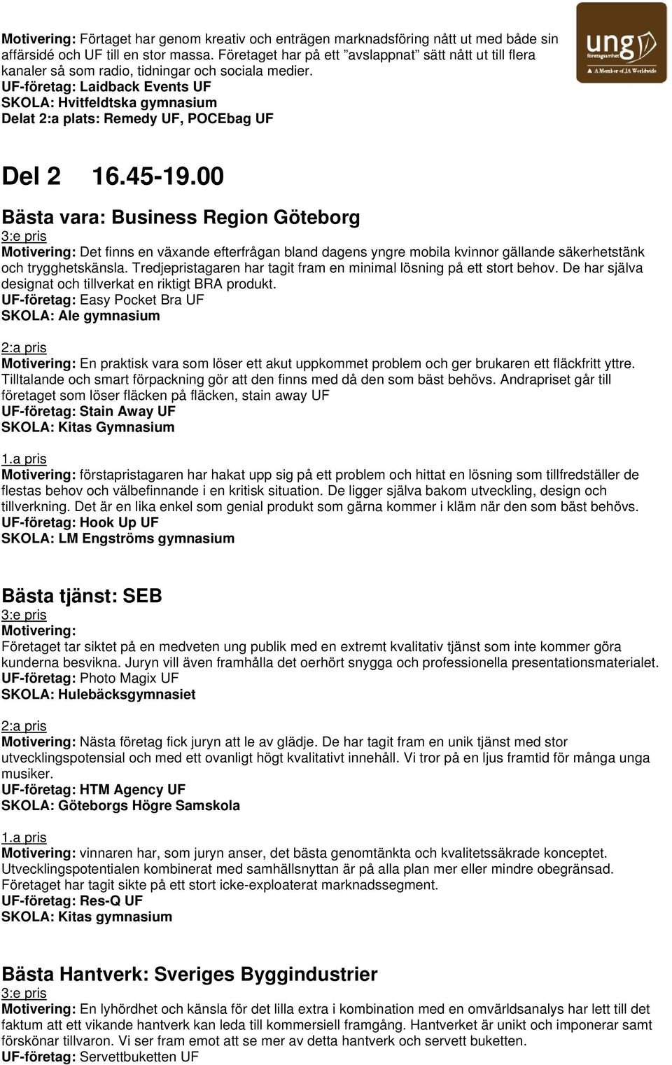 UF-företag: Laidback Events UF SKOLA: Hvitfeldtska gymnasium Delat 2:a plats: Remedy UF, POCEbag UF Del 2 16.45-19.