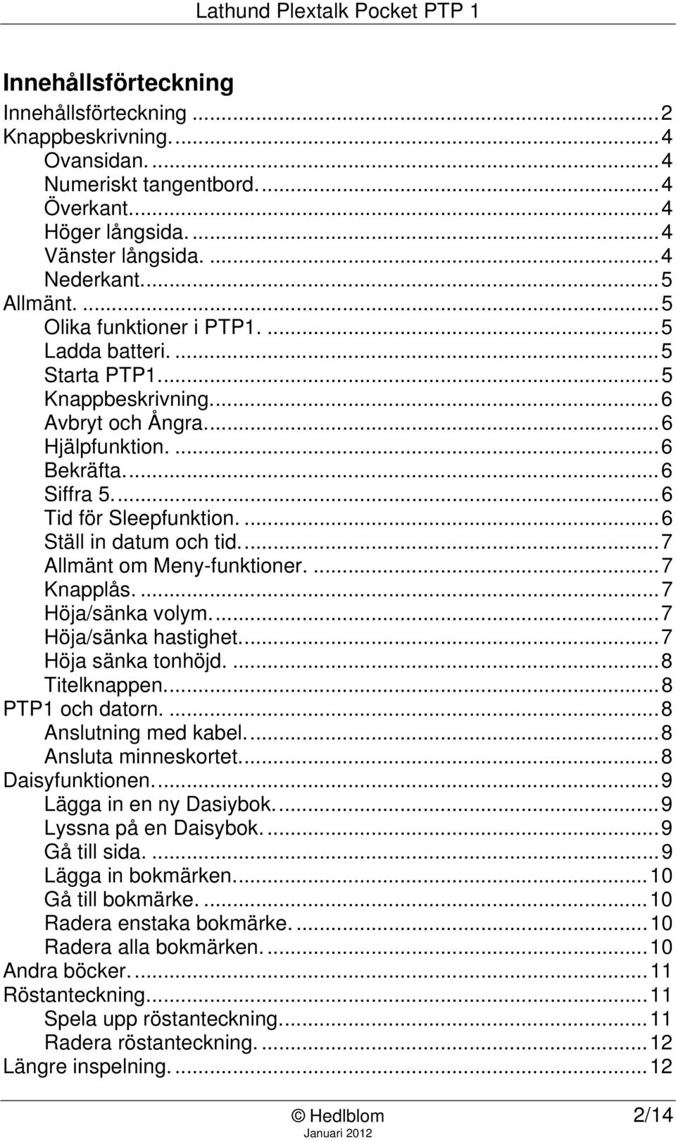 ... 6 Ställ in datum och tid.... 7 Allmänt om Meny-funktioner.... 7 Knapplås.... 7 Höja/sänka volym.... 7 Höja/sänka hastighet.... 7 Höja sänka tonhöjd.... 8 Titelknappen.... 8 PTP1 och datorn.