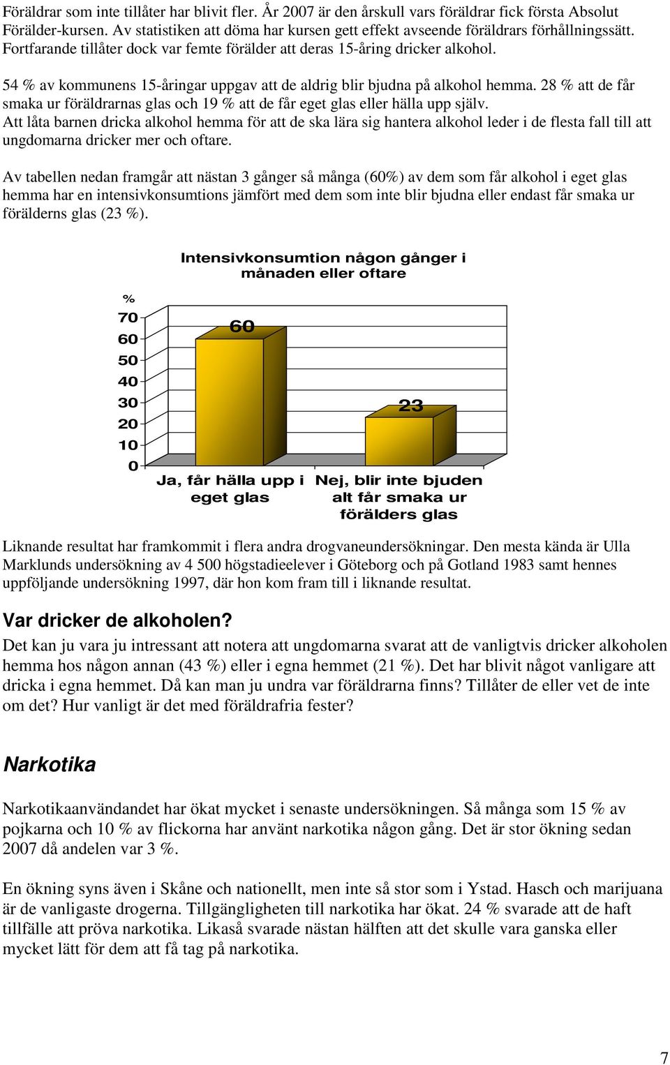 % av kommunens 1-åringar uppgav att de aldrig blir bjudna på alkohol hemma. 2 % att de får smaka ur föräldrarnas glas och 19 % att de får eget glas eller hälla upp själv.