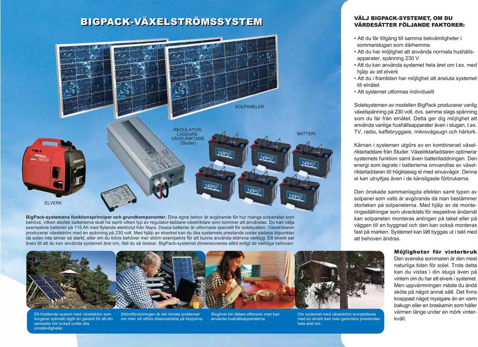med hjälp av ett elverk Att du i framtiden har möjlighet att ansluta systemet till elnätet Att systemet utformas individuellt REGULATOR LADDARE VÄXELRIKTARE (Studer) SOLPANELER BATTERI Solelsystemen