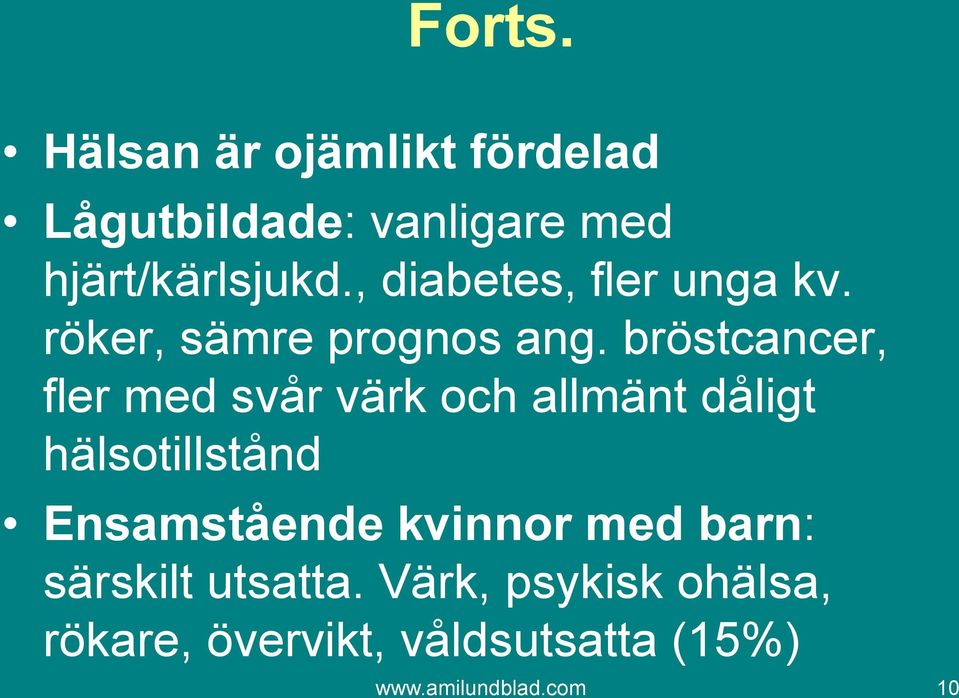 bröstcancer, fler med svår värk och allmänt dåligt hälsotillstånd Ensamstående