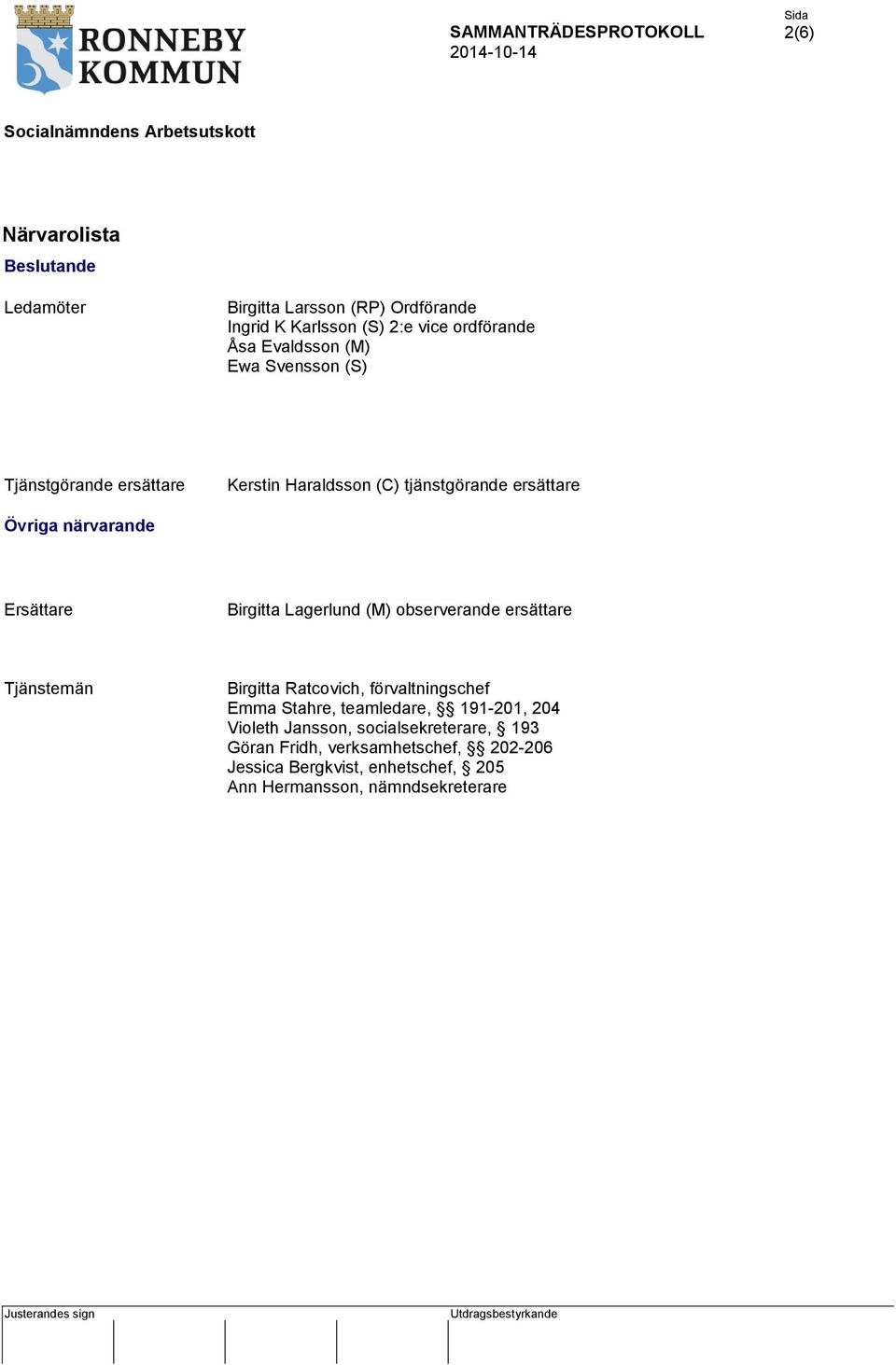 Lagerlund (M) observerande ersättare Tjänstemän Birgitta Ratcovich, förvaltningschef Emma Stahre, teamledare, 191-201, 204 Violeth