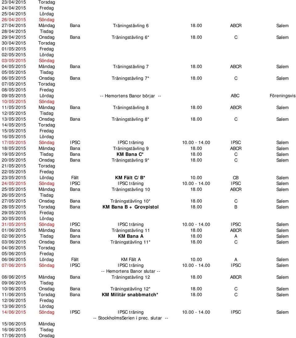 00 ABCR Salem 05/05/2015 Tisdag 06/05/2015 Onsdag Bana Träningstävling 7* 18.