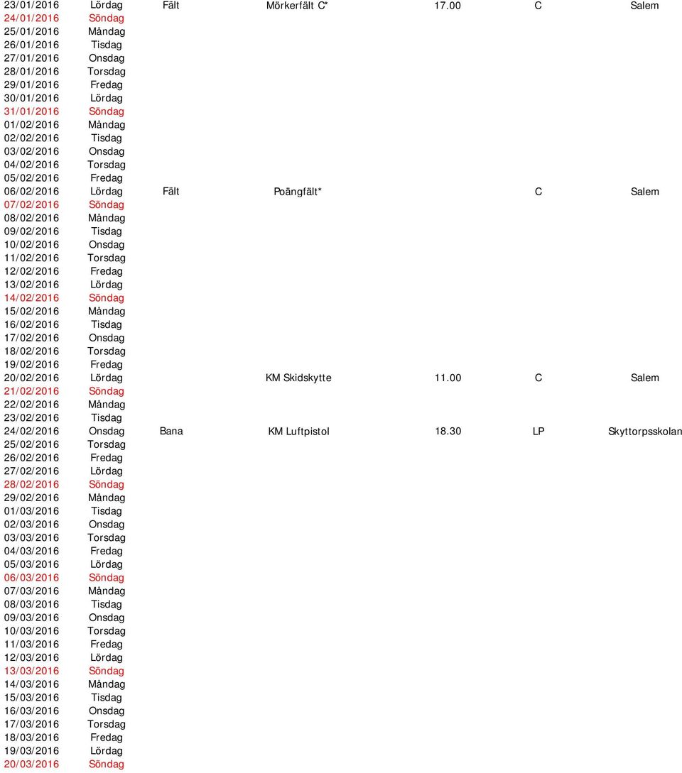 03/02/2016 Onsdag 04/02/2016 Torsdag 05/02/2016 Fredag 06/02/2016 Lördag Fält Poängfält* C Salem 07/02/2016 Söndag 08/02/2016 Måndag 09/02/2016 Tisdag 10/02/2016 Onsdag 11/02/2016 Torsdag 12/02/2016