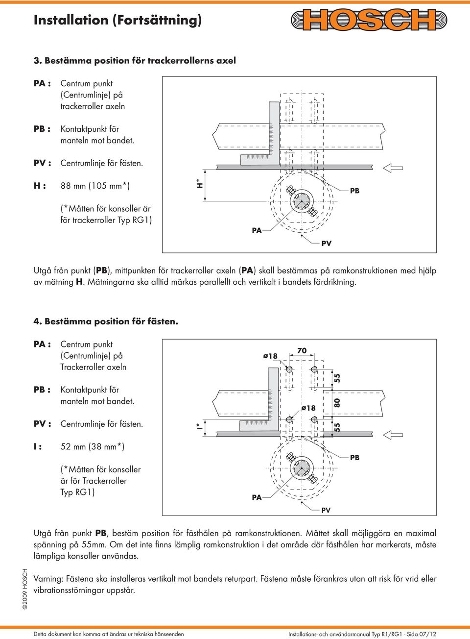 H : 88 mm (105 mm*) H* PB (*Måtten för konsoller är för trackerroller Typ RG1) PA PV Utgå från punkt (PB), mittpunkten för trackerroller axeln (PA) skall bestämmas på ramkonstruktionen med hjälp av