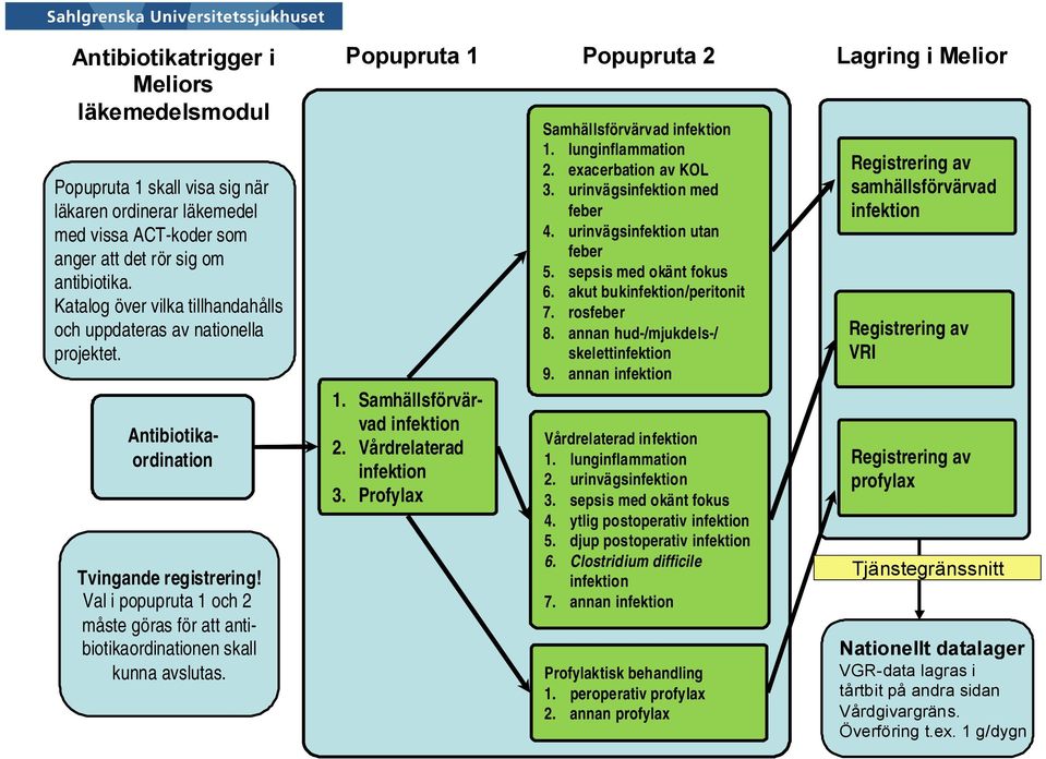 Val i popupruta 1 och 2 måste göras för att antibiotikaordinationen skall kunna avslutas. Popupruta 1 1. Samhällsförvärvad infektion 2. Vårdrelaterad infektion 3.