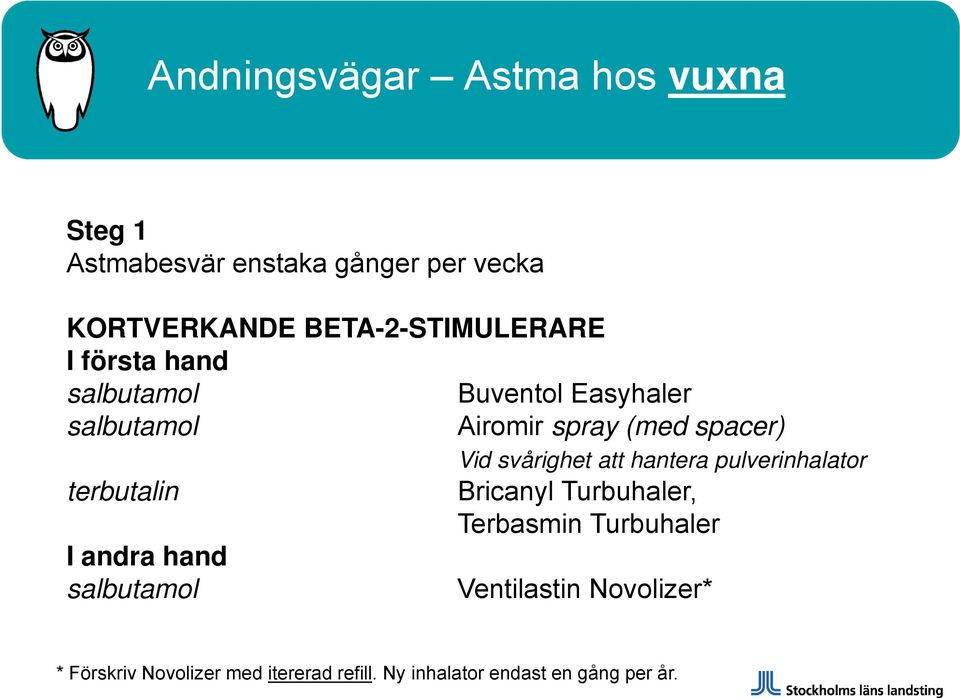 salbutamol Airomir spray (med spacer) Vid svårighet att hantera pulverinhalator Bricanyl Turbuhaler,