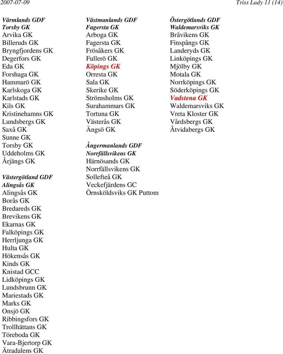 Söderköpings GK Karlstads GK Strömsholms GK Vadstena GK Kils GK Surahammars GK Waldemarsviks GK Kristinehamns GK Tortuna GK Vreta Kloster GK Lundsbergs GK Västerås GK Vårdsbergs GK Saxå GK Ängsö GK