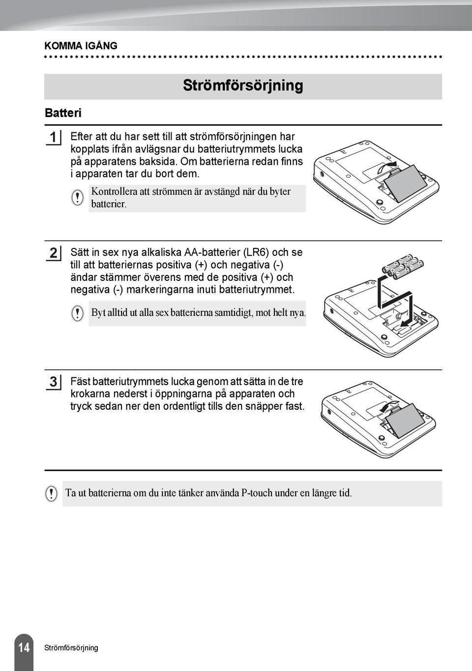 Sätt in sex nya alkaliska AA-batterier (LR) och se till att batteriernas positiva (+) och negativa (-) ändar stämmer överens med de positiva (+) och negativa (-) markeringarna inuti
