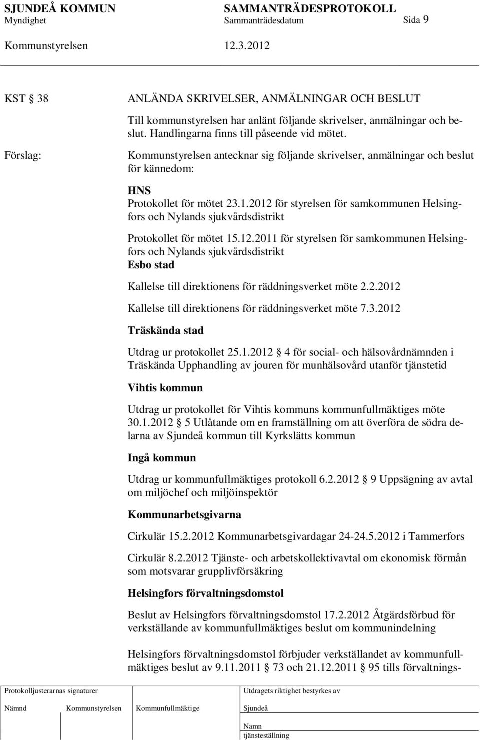 2012 för styrelsen för samkommunen Helsingfors och Nylands sjukvårdsdistrikt Protokollet för mötet 15.12.2011 för styrelsen för samkommunen Helsingfors och Nylands sjukvårdsdistrikt Esbo stad Kallelse till direktionens för räddningsverket möte 2.