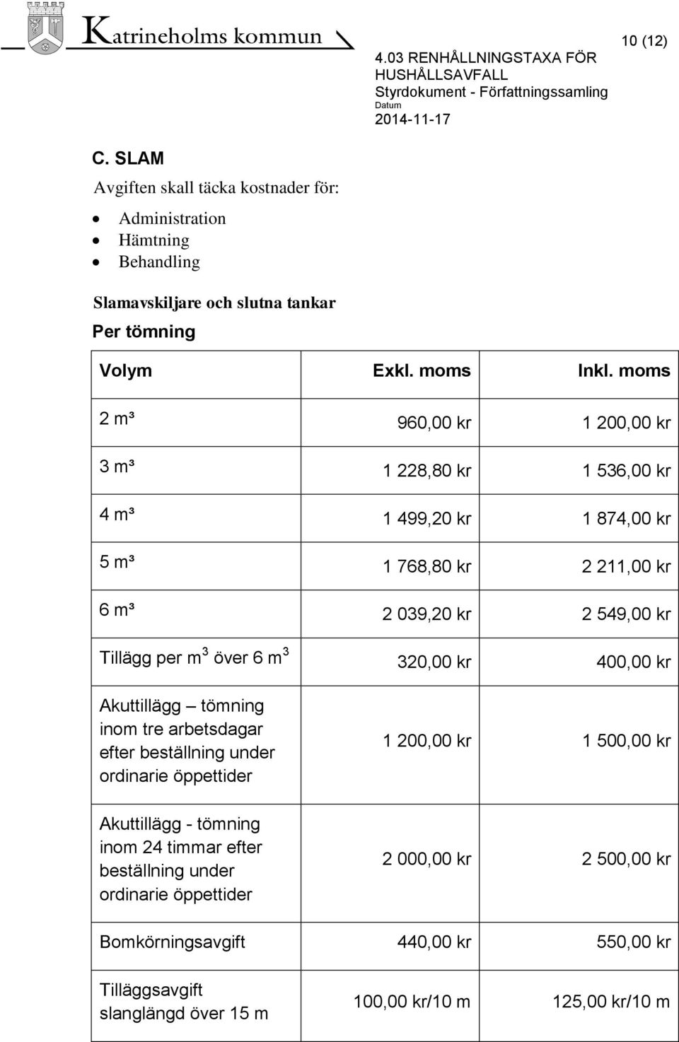 över 6 m 3 320,00 kr 400,00 kr Akuttillägg tömning inom tre arbetsdagar efter beställning under ordinarie öppettider Akuttillägg - tömning inom 24 timmar efter