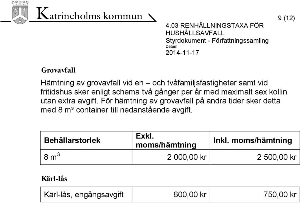 För hämtning av grovavfall på andra tider sker detta med 8 m³ container till nedanstående avgift.