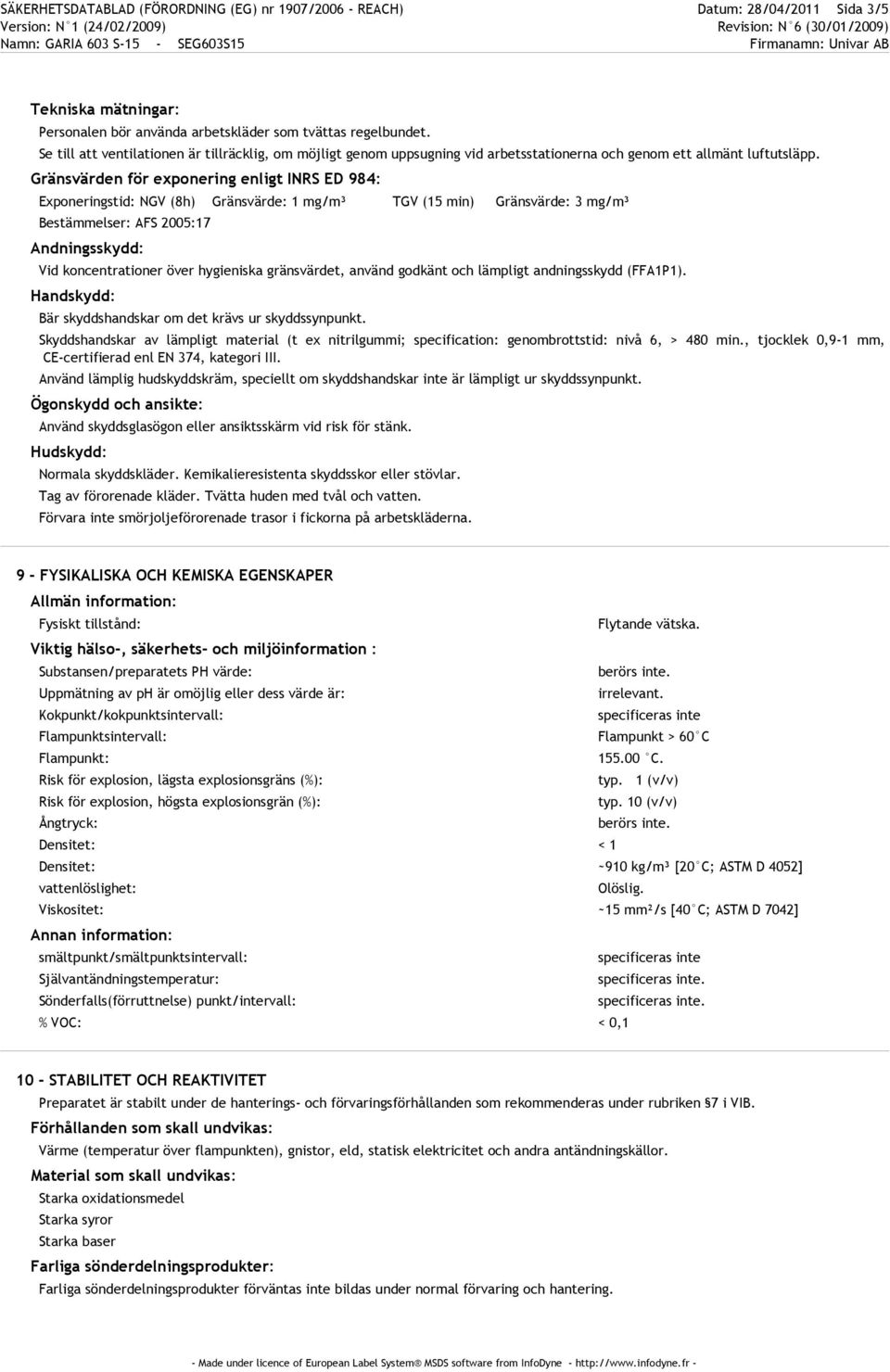 Gränsvärden för exponering enligt INRS ED 984: Exponeringstid: NGV (8h) Gränsvärde: 1 mg/m³ TGV (15 min) Gränsvärde: 3 mg/m³ Bestämmelser: AFS 2005:17 Andningsskydd: Vid koncentrationer över