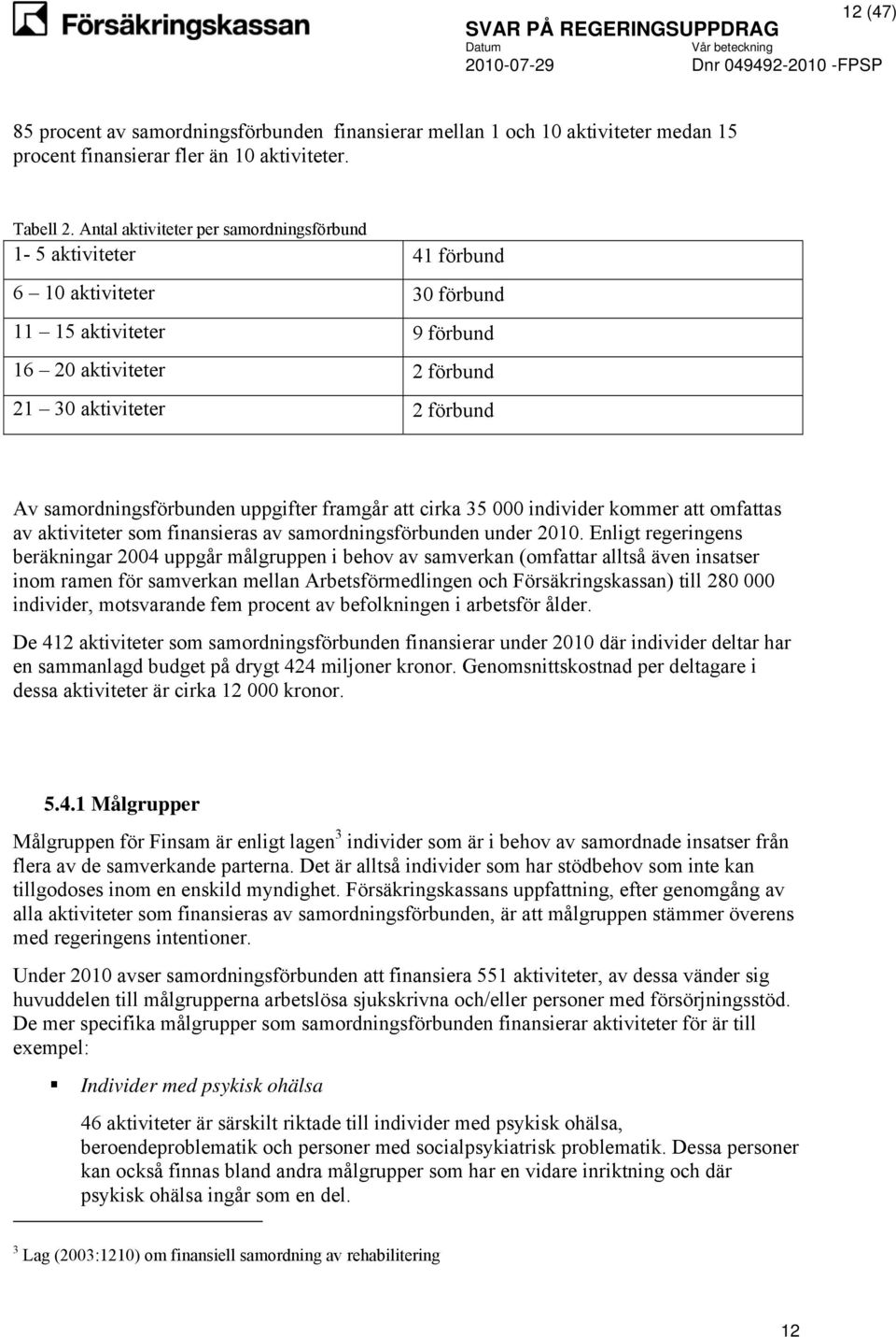 samordningsförbunden uppgifter framgår att cirka 35 000 individer kommer att omfattas av aktiviteter som finansieras av samordningsförbunden under 2010.