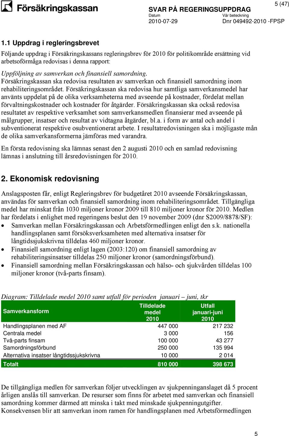 finansiell samordning. Försäkringskassan ska redovisa resultaten av samverkan och finansiell samordning inom rehabiliteringsområdet.