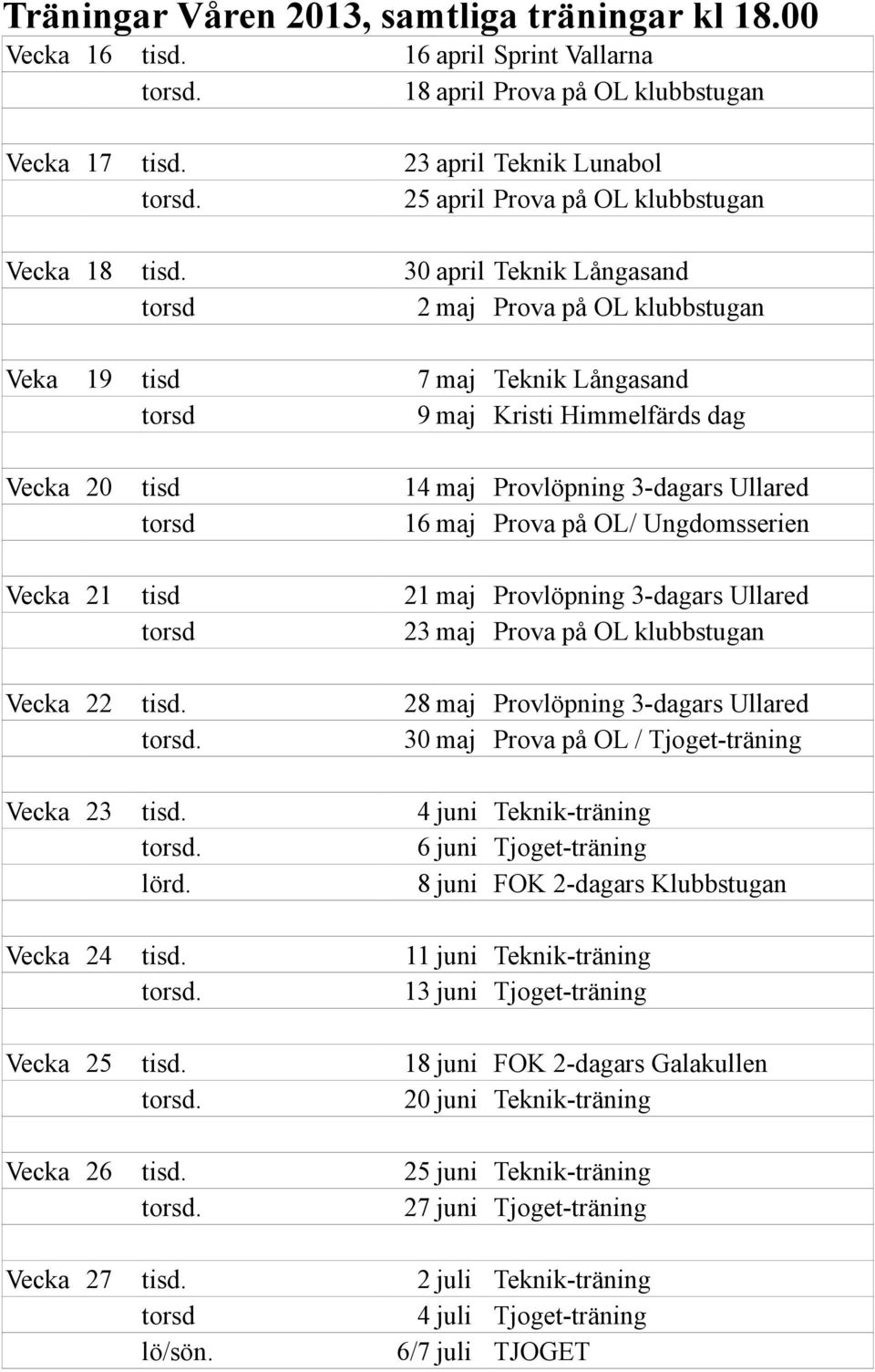 Vecka 20 tisd torsd 14 maj Provlöpning 3-dagars Ullared 16 maj Prova på OL/ Ungdomsserien Vecka 21 tisd torsd 21 maj Provlöpning 3-dagars Ullared 23 maj Prova på OL klubbstugan Vecka 22 torsd.