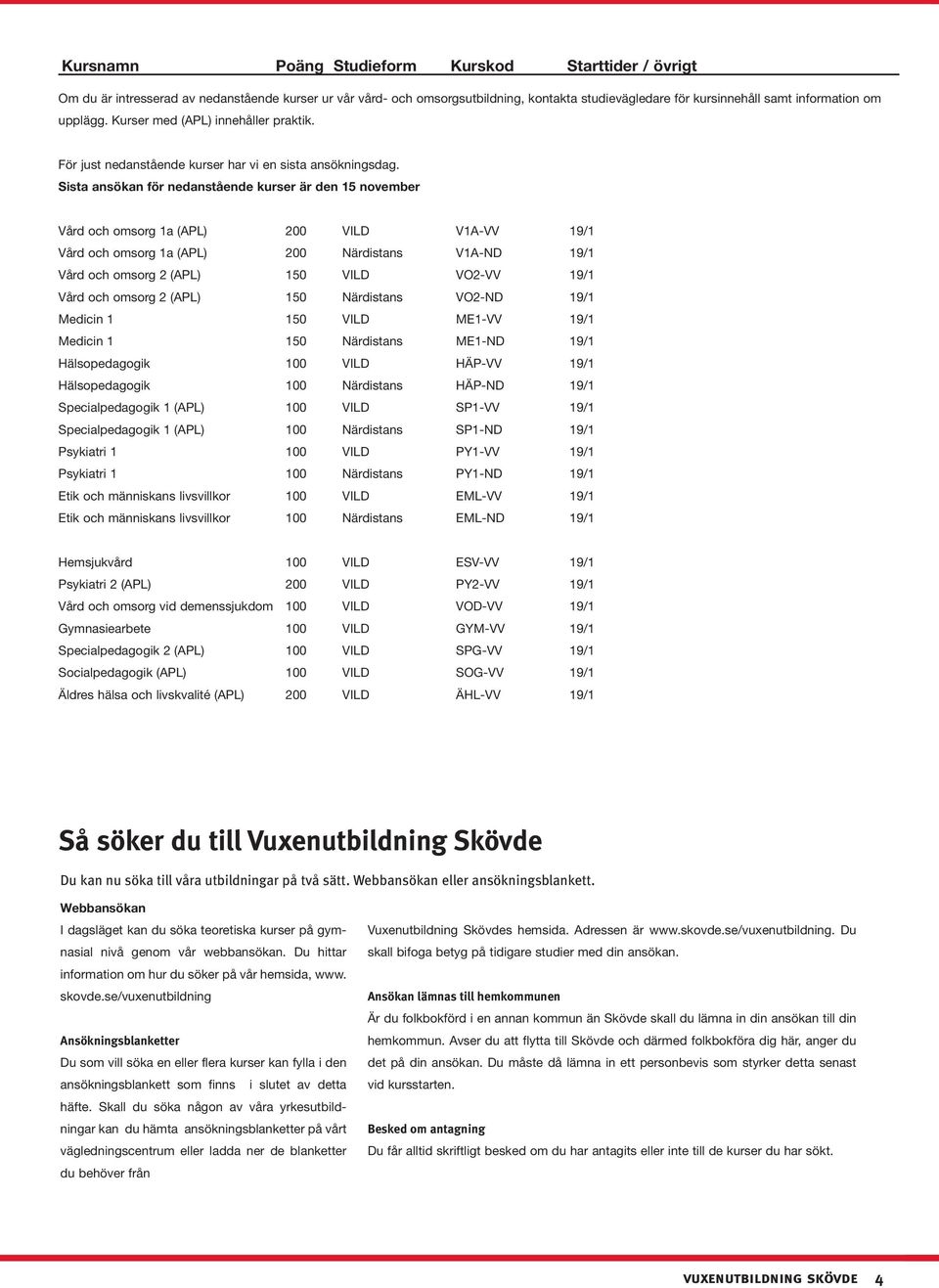 Sista ansökan för nedanstående kurser är den 15 november Vård och omsorg 1a (APL) 200 VILD V1A-VV 19/1 Vård och omsorg 1a (APL) 200 Närdistans V1A-ND 19/1 Vård och omsorg 2 (APL) 150 VILD VO2-VV 19/1