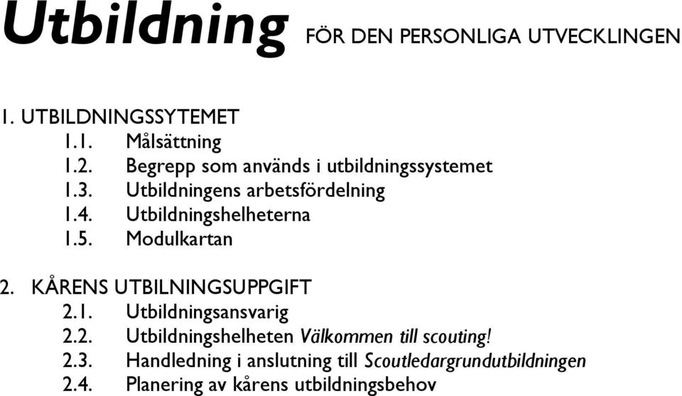 Utbildningshelheterna 1.5. Modulkartan 2. KÅRENS UTBILNINGSUPPGIFT 2.1. Utbildningsansvarig 2.2. Utbildningshelheten Välkommen till scouting!