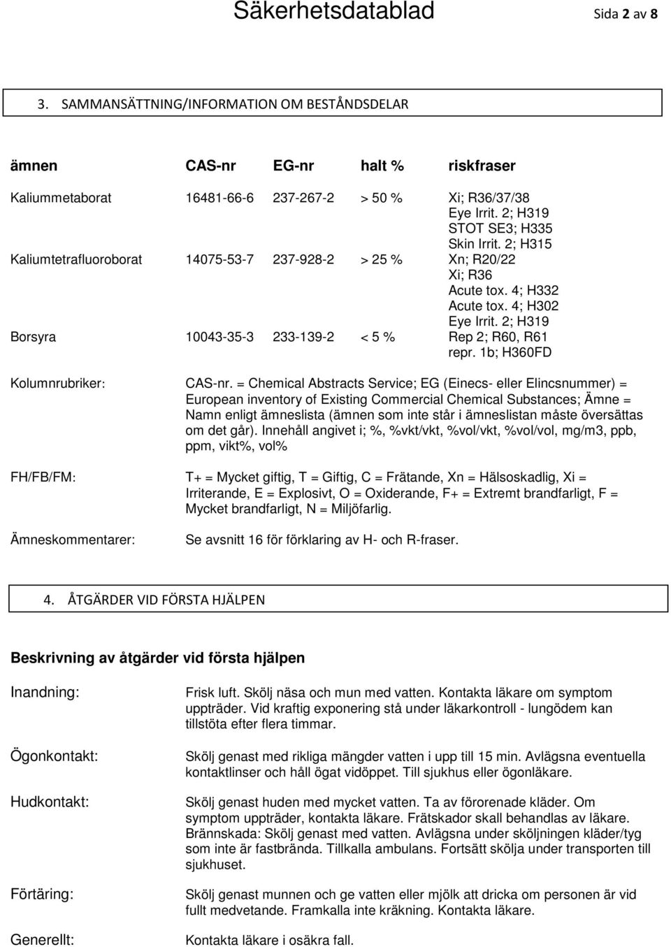 2; H319 Borsyra 10043-35-3 233-139-2 < 5 % Rep 2; R60, R61 repr. 1b; H360FD Kolumnrubriker: CAS-nr.