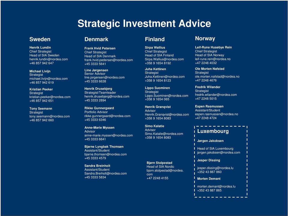 com +45 3333 5641 Line Jørgensen Senior Advisor line.jorgensen@nordea.com +45 3333 6638 Henrik Drusebjerg Strategist/Teamleader henrik.drusebjerg@nordea.