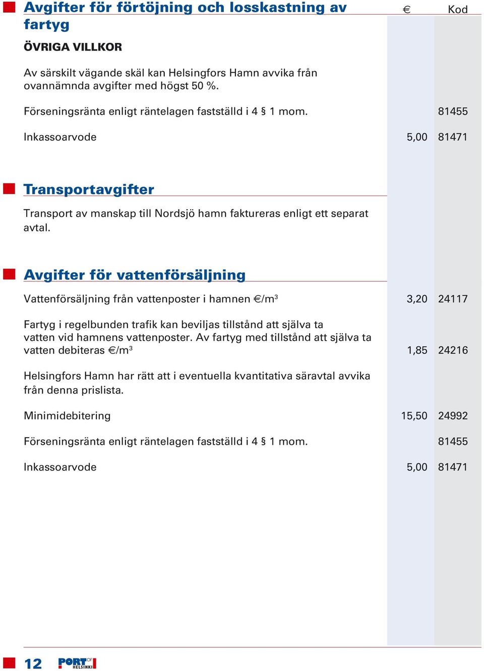 Avgifter för vattenförsäljning Vattenförsäljning från vattenposter i hamnen /m 3 3,20 24117 Fartyg i regelbunden trafik kan beviljas tillstånd att själva ta vatten vid hamnens vattenposter.