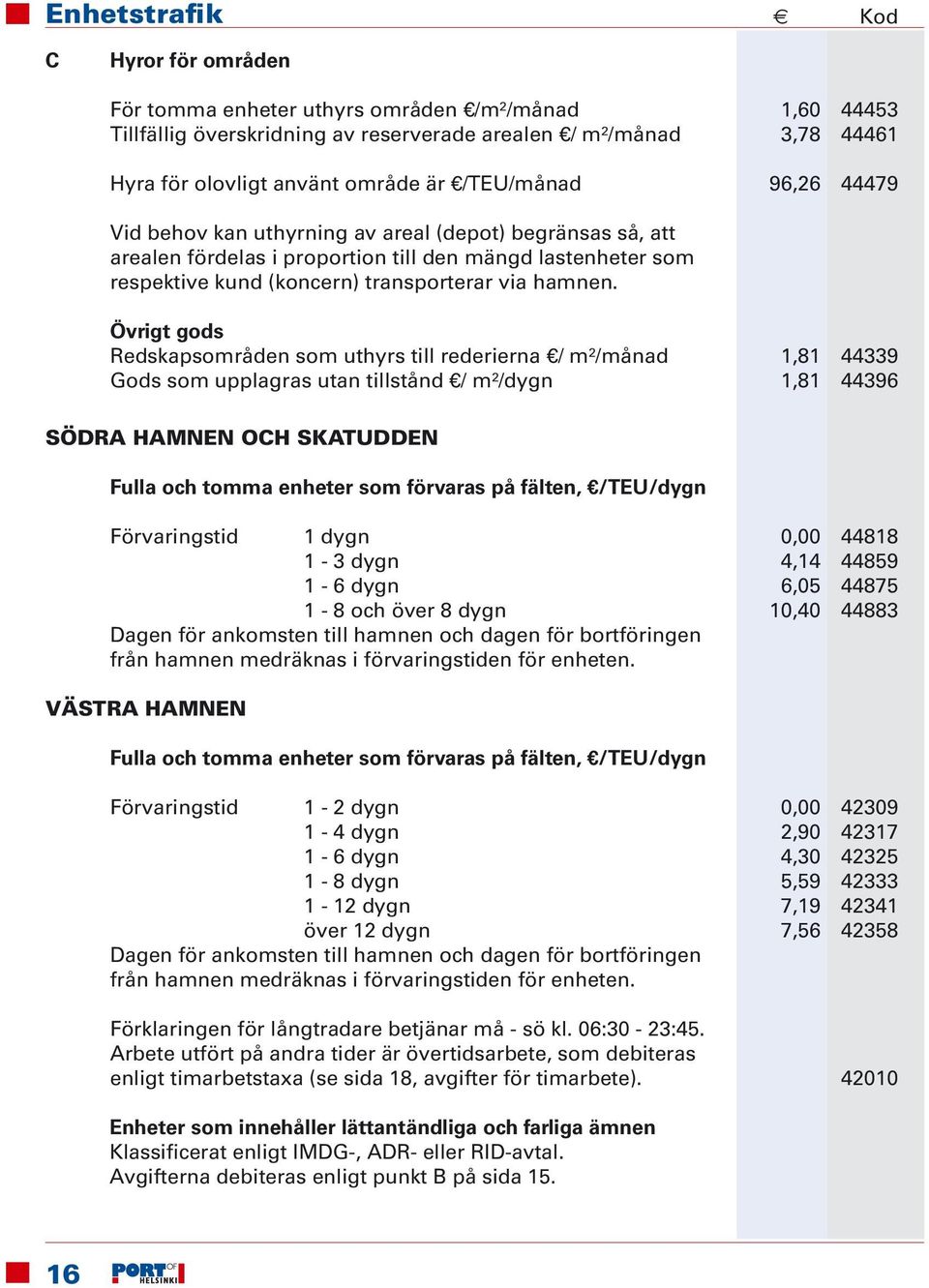 Övrigt gods Redskapsområden som uthyrs till rederierna / m²/månad 1,81 44339 Gods som upplagras utan tillstånd / m²/dygn 1,81 44396 SÖDRA HAMNEN OCH SKATUDDEN Fulla och tomma enheter som förvaras på