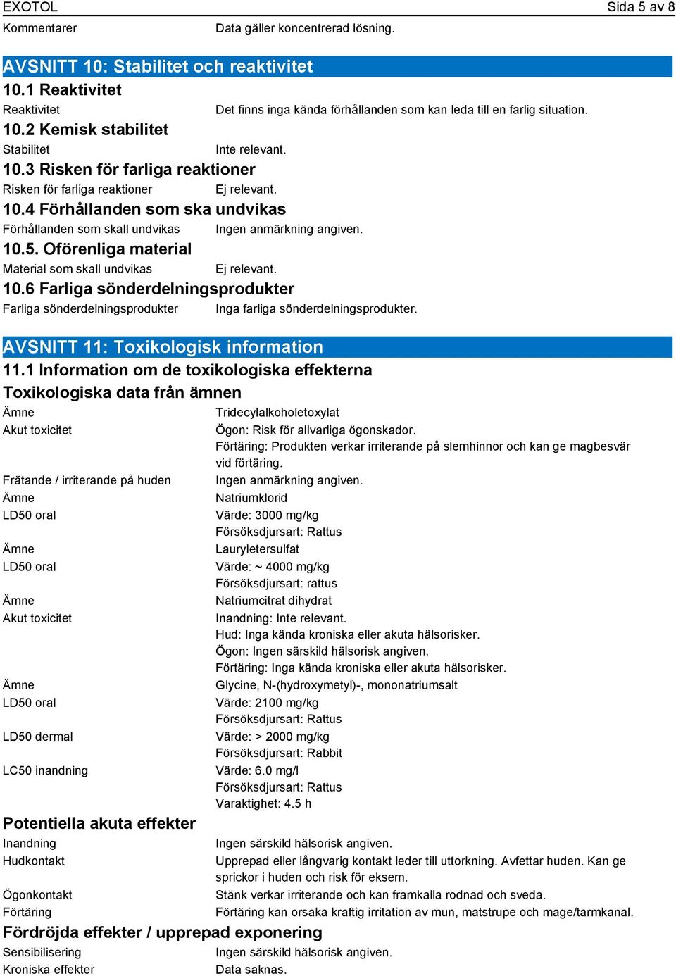 6 Farliga sönderdelningsprodukter Farliga sönderdelningsprodukter Inga farliga sönderdelningsprodukter. AVSNITT 11: Toxikologisk information 11.