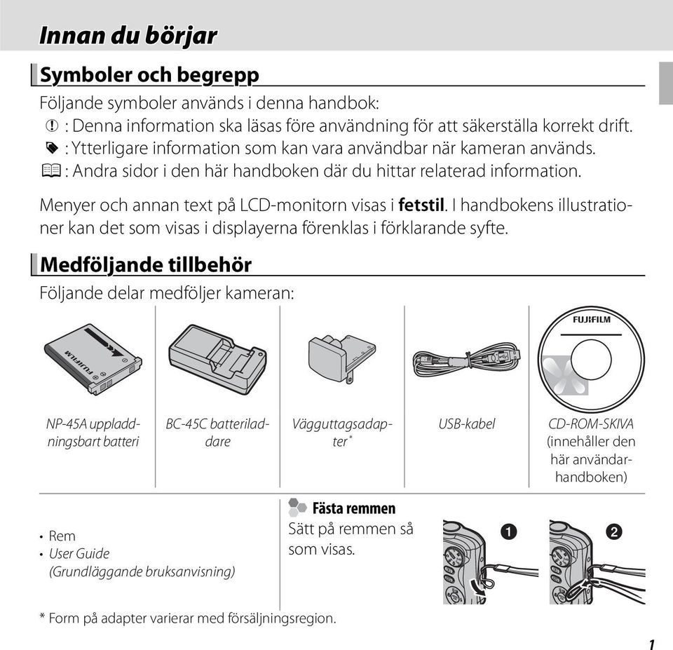 Menyer och annan text på LCD-monitorn visas i fetstil. I handbokens illustrationer kan det som visas i displayerna förenklas i förklarande syfte.