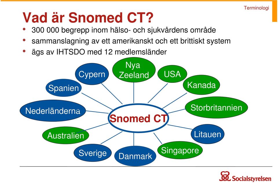 amerikanskt och ett brittiskt system ägs av IHTSDO med 12 medlemsländer