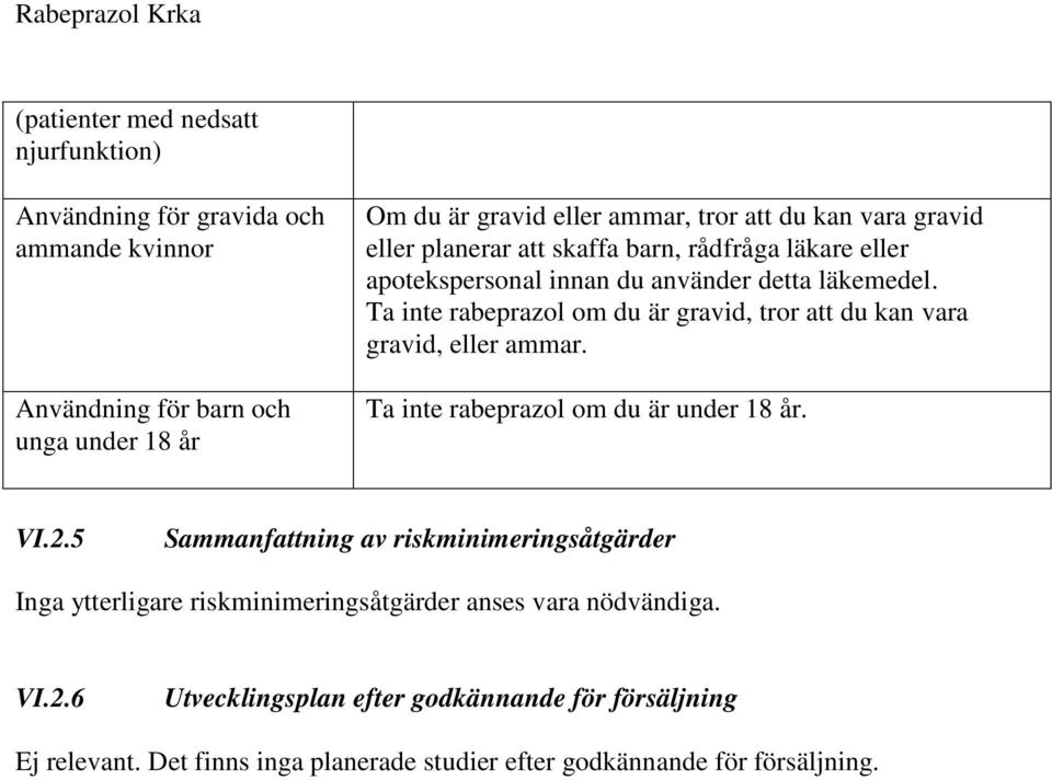 Ta inte rabeprazol om du är gravid, tror att du kan vara gravid, eller ammar. Ta inte rabeprazol om du är under 18 år. VI.2.