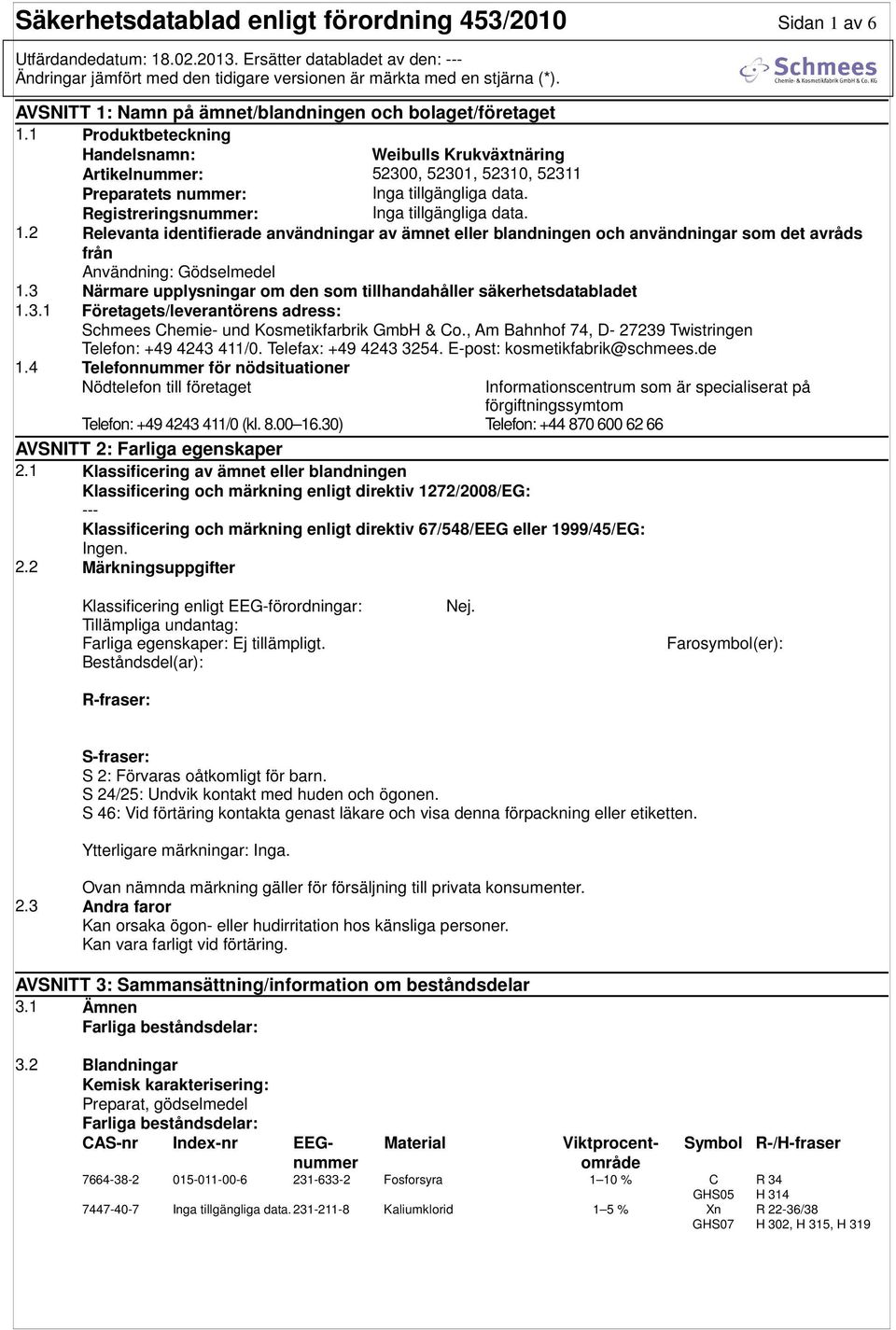 2 Relevanta identifierade användningar av ämnet eller blandningen och användningar som det avråds från Användning: Gödselmedel 1.