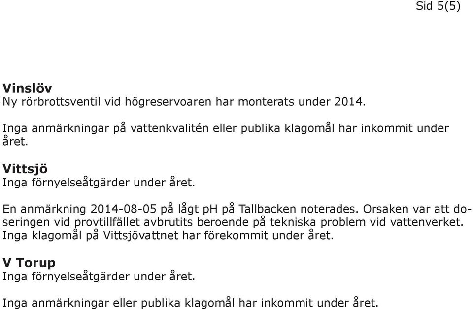 Vittsjö En anmärkning 2014-08-05 på lågt ph på Tallbacken noterades.