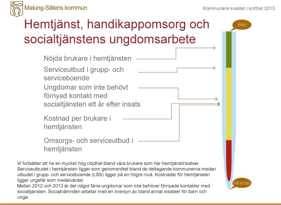 Serviceutbudet i hemtjänsten ligger som genomsnittet bland de deltagande kommunerna medan utbudet i grupp- och serviceboende (LSS) ligger på en högre nivå.